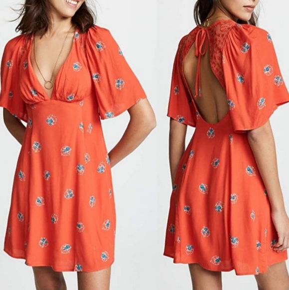 Free People Dresses & Skirts - Free People Mockingbird Mini Dress Deep V Neck SS Open Back Hot Cherry Siz 8 NWT